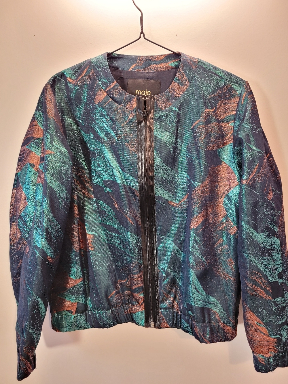 Maje Metallic Teal and Copper Printed Bomber Jacket - Size 38